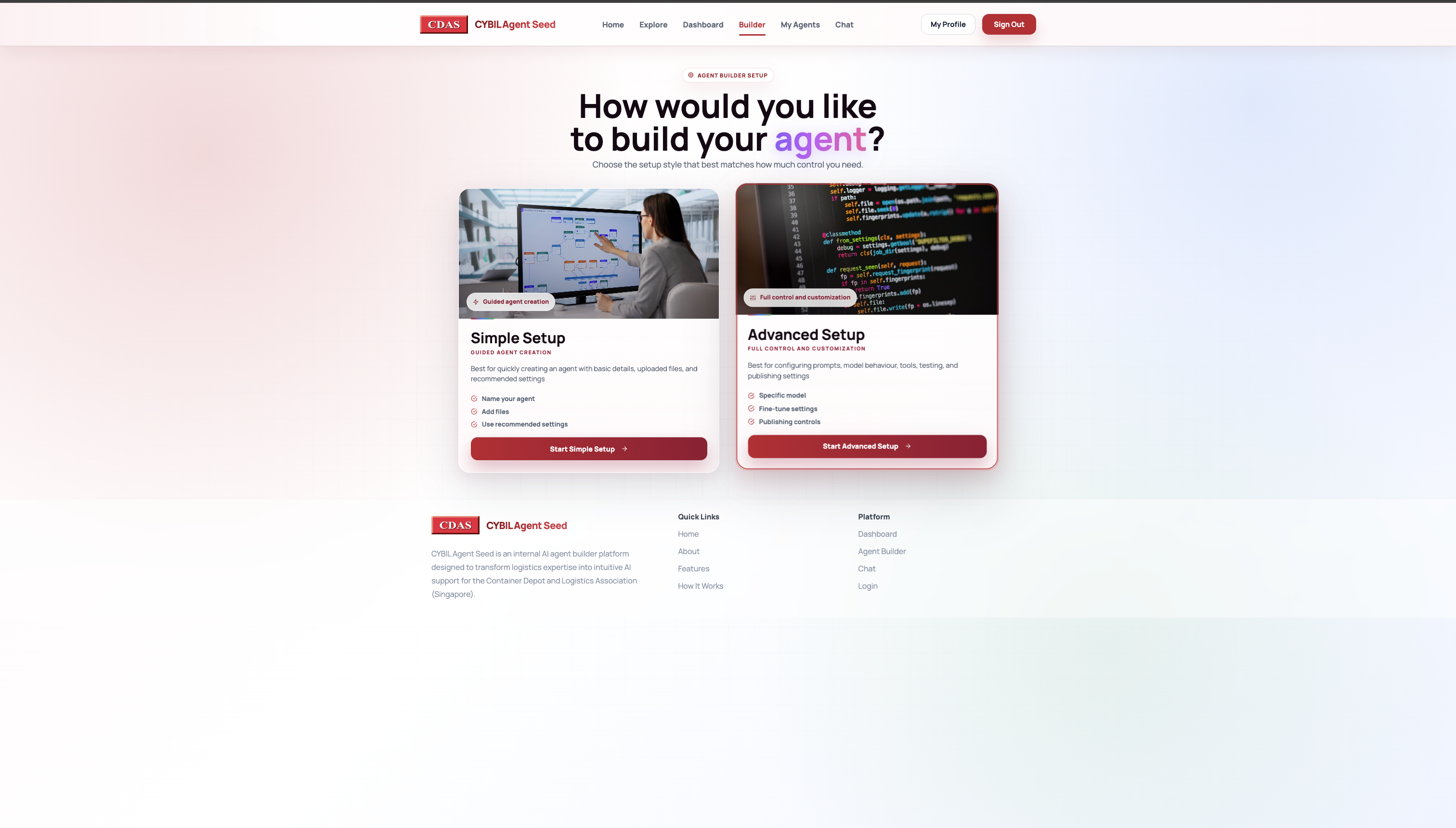 Agent builder — Simple Setup vs. Advanced Setup