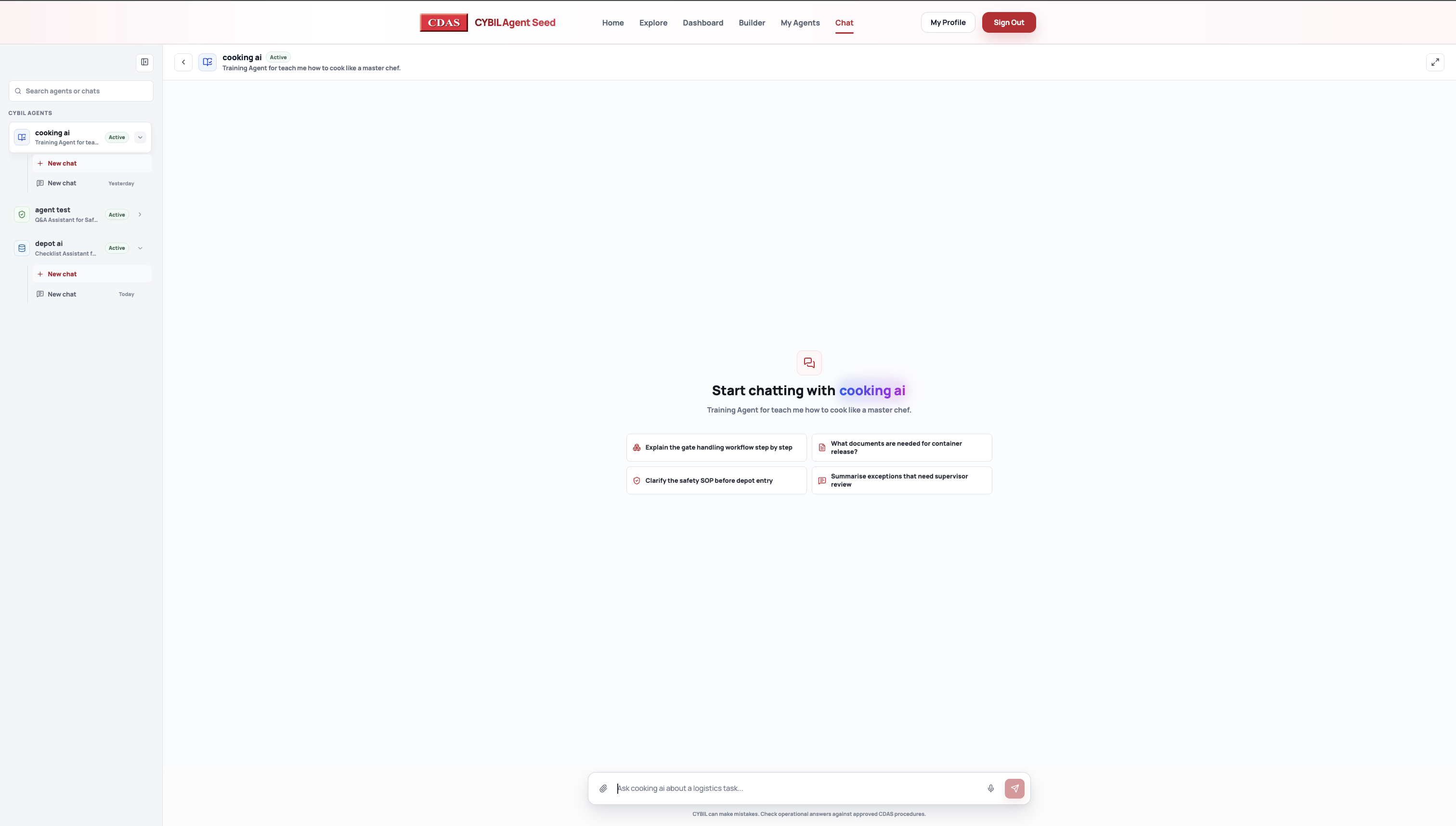Cooking AI chat — start chatting with the agent